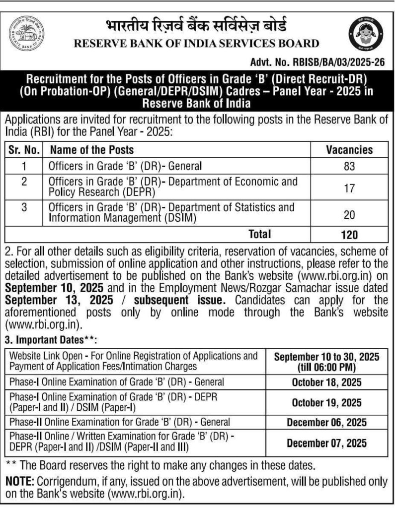 RBI Grade B Officer भर्ती 2025
RBI Grade B 2025 Notification
